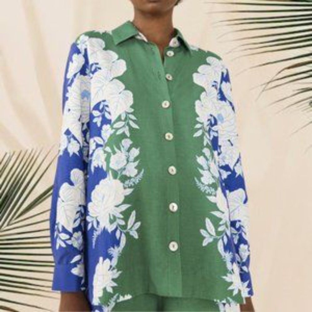 FARM Rio Green and Blue Floral Button-Down Shirt